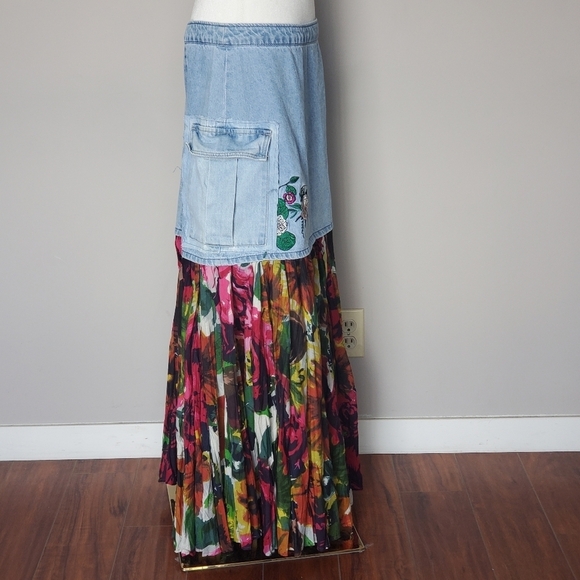 Upcycled H&M X Coachella Boho Cottagecore Embroidered Floral Denim Maxi Skirt - Picture 13 of 14